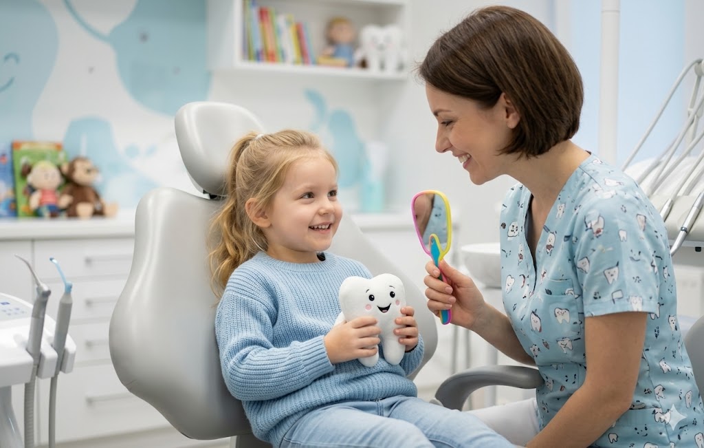 Dziecko otwiera buzię u dentysty — uśmiechnięte